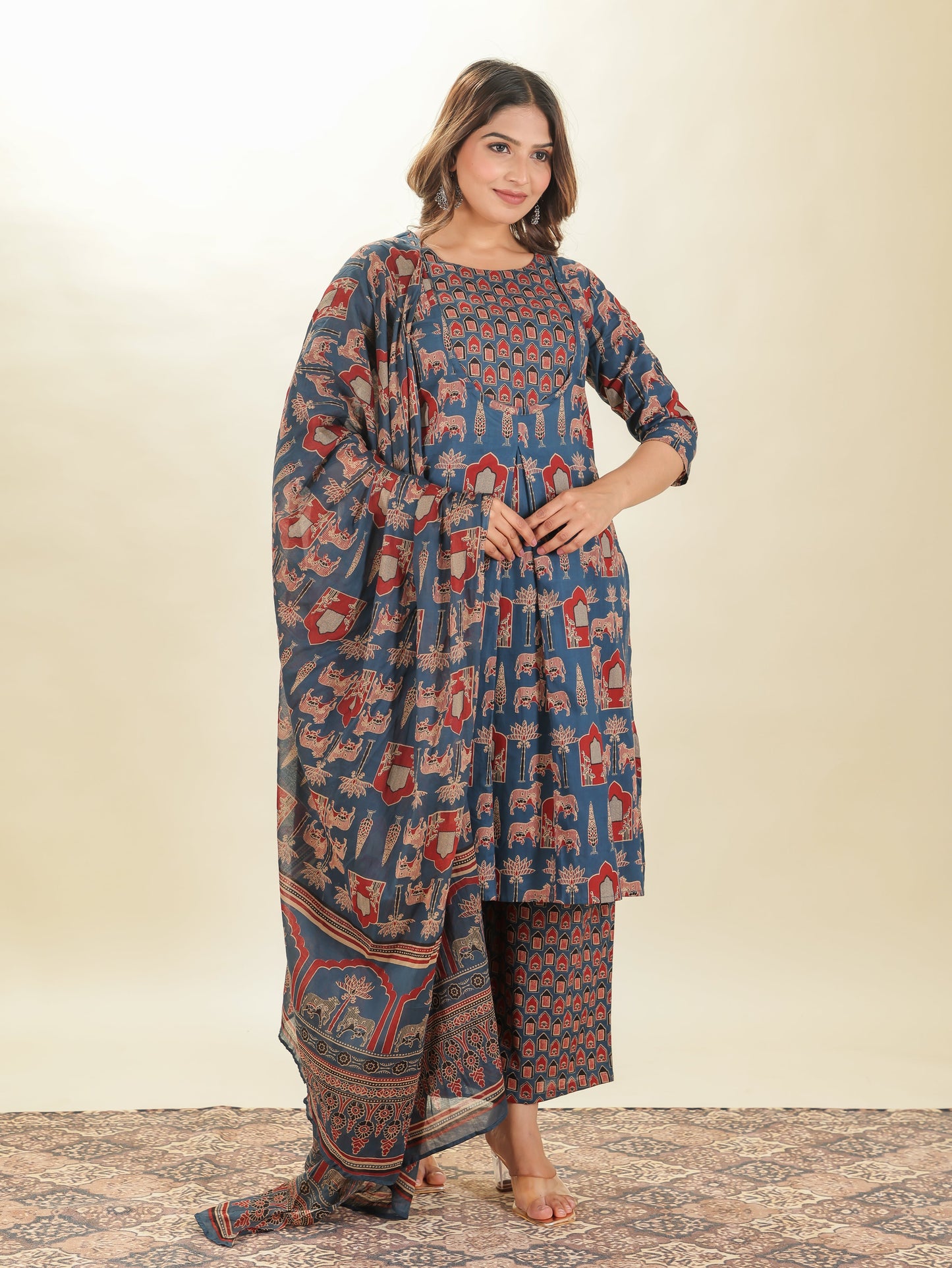Soft Cotton Abstract A-line Blue Kurta