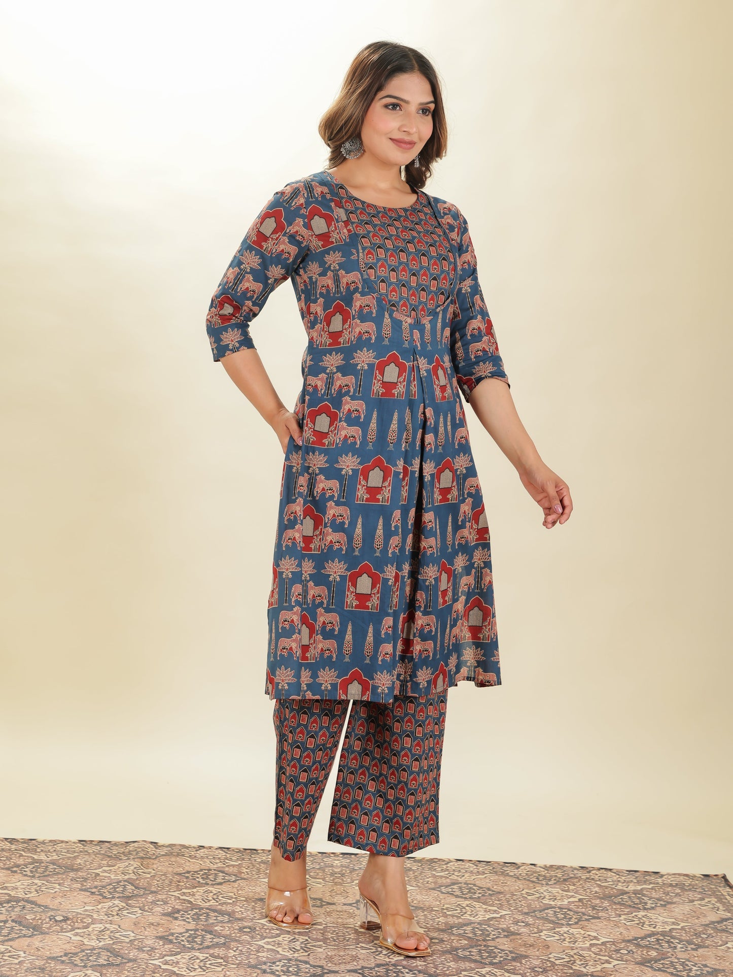 Soft Cotton Abstract A-line Blue Kurta