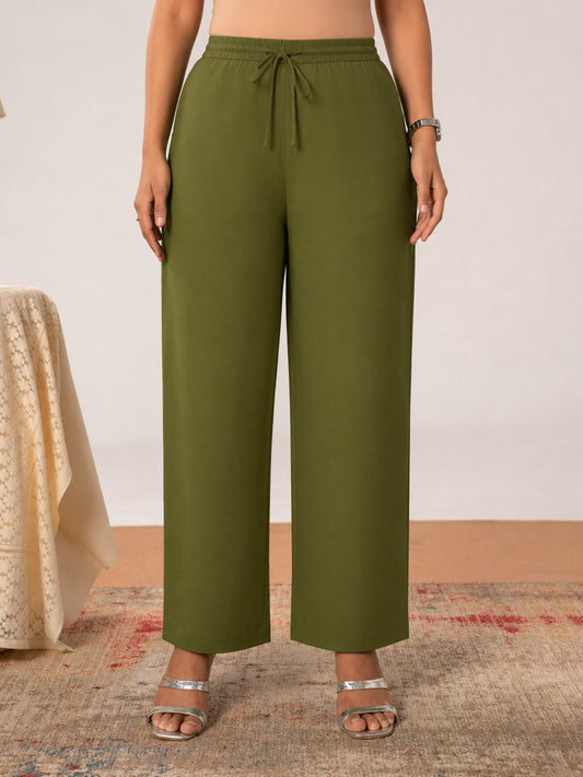 Embroidered Soft cotton Solid Green Straight Trousers