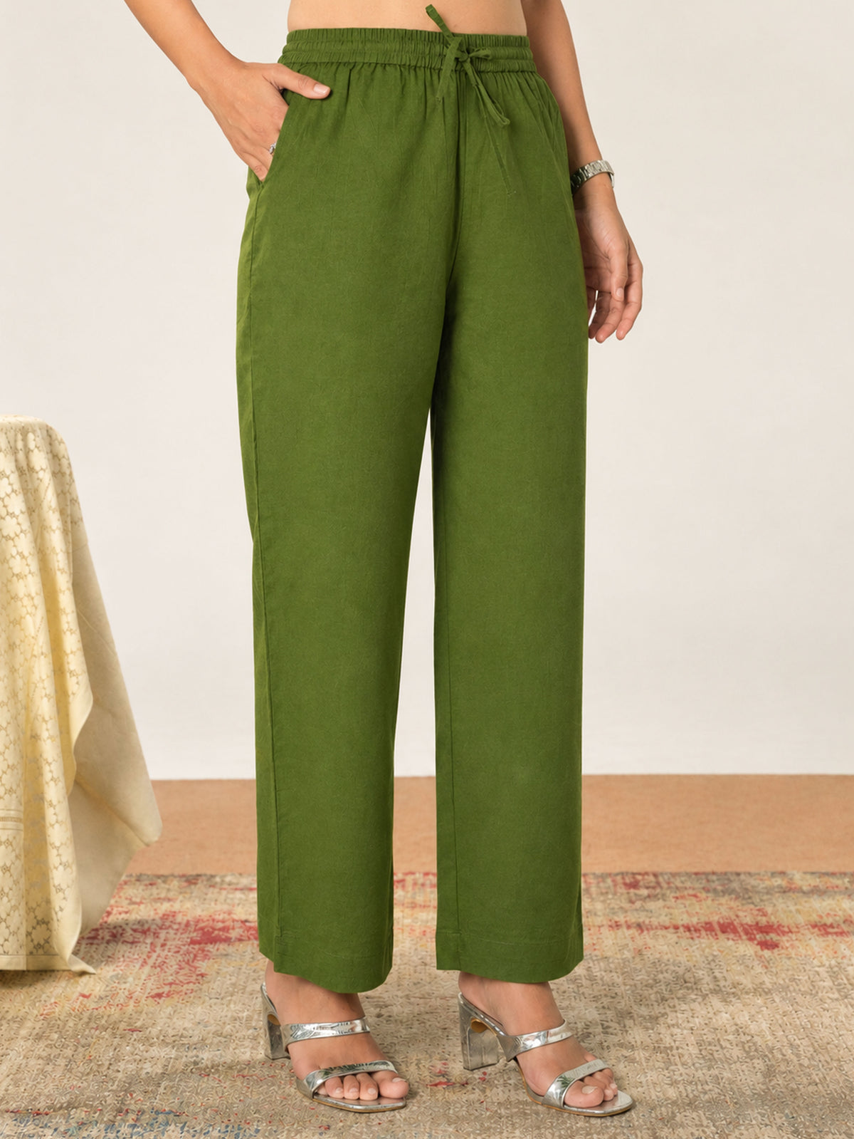 Embroidered Soft cotton Solid Green Straight Trousers