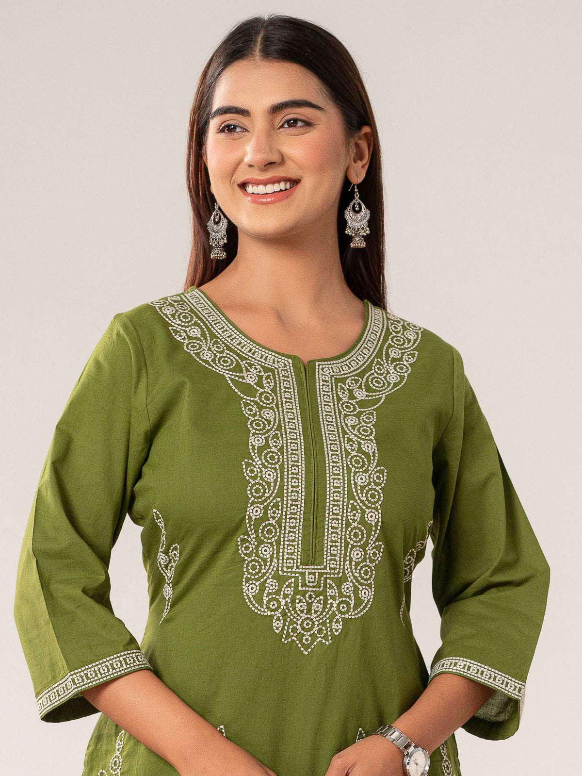 Embroidered Soft cotton Solid Straight Green Kurta