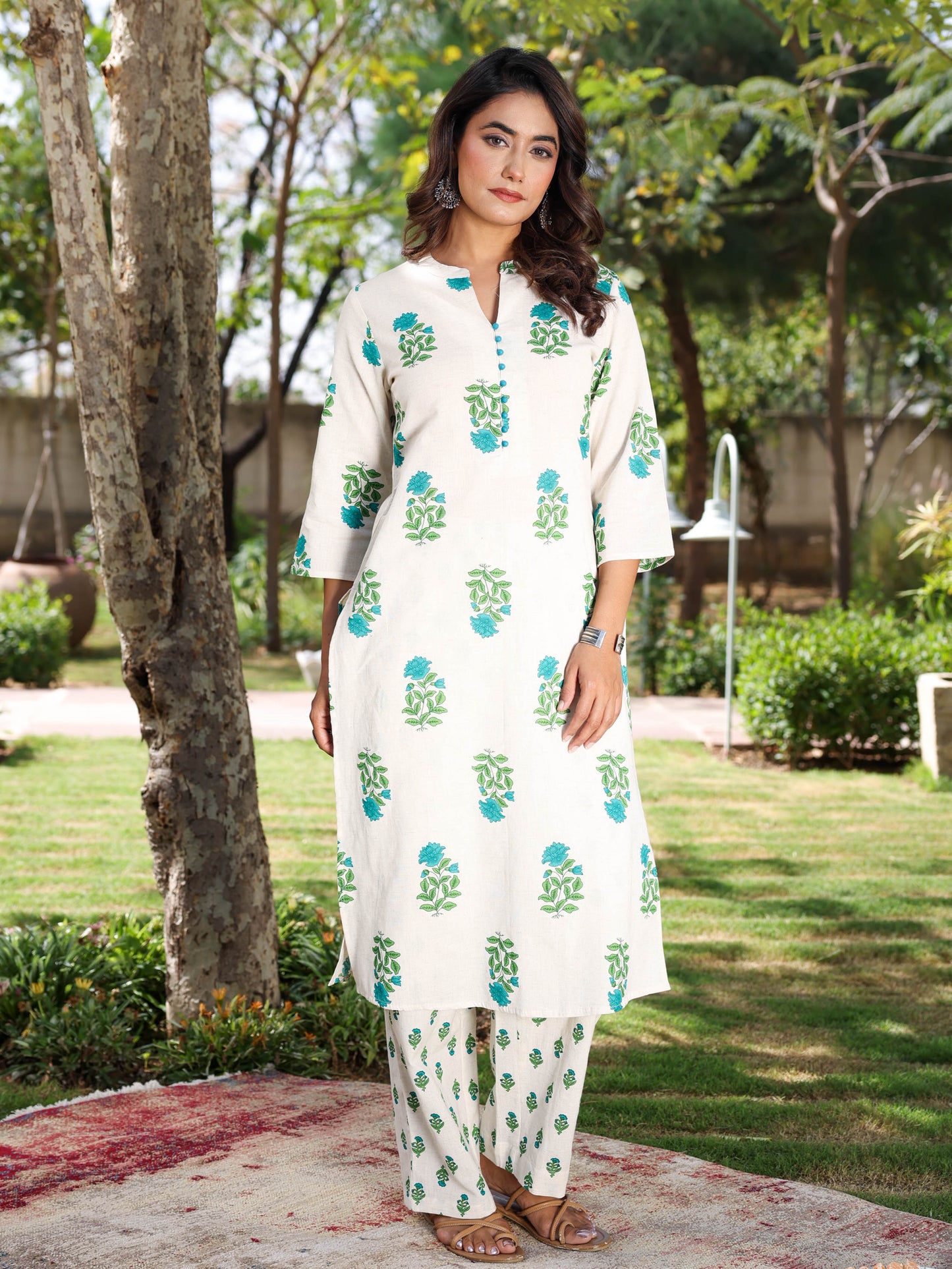 Linen cotton Butta Straight Off White Kurta