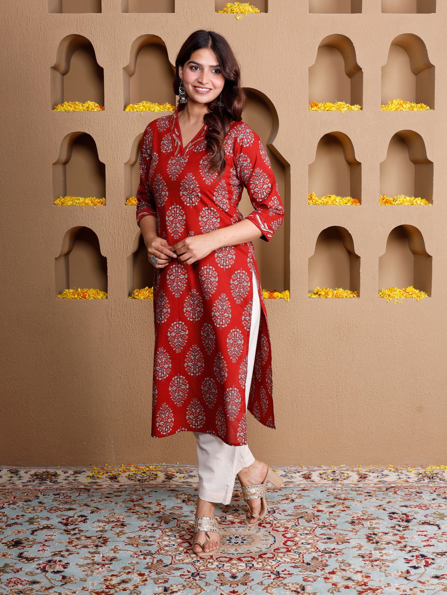 Embroidered Soft cotton Butta Straight Rust Kurta
