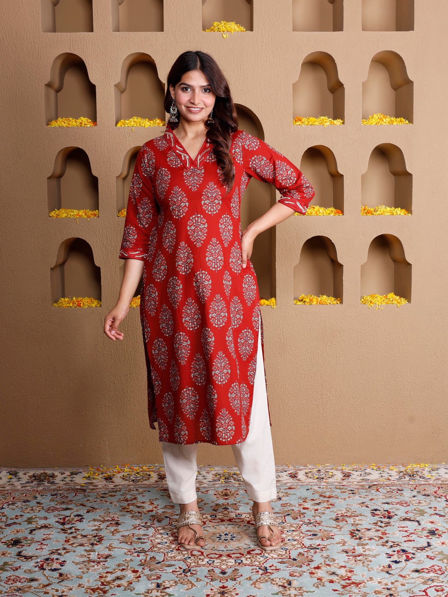 Embroidered Soft cotton Butta Straight Rust Kurta