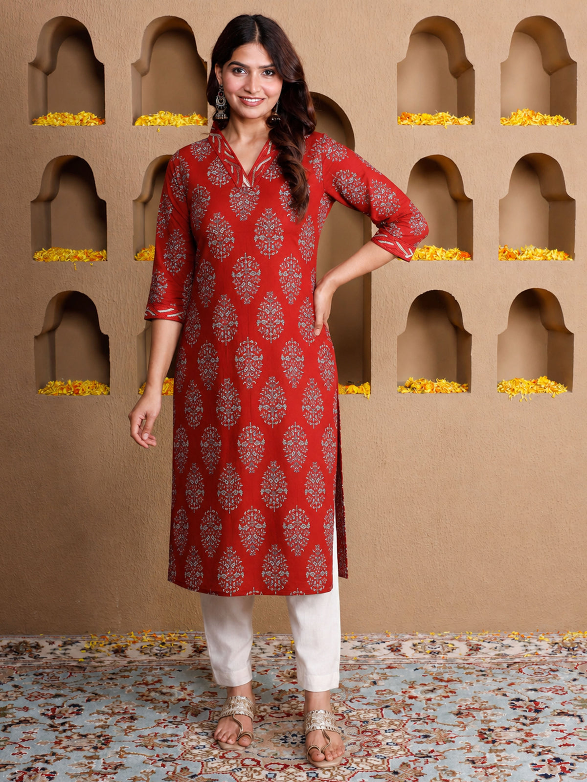 Embroidered Soft Cotton Butta Straight Rust Kurta
