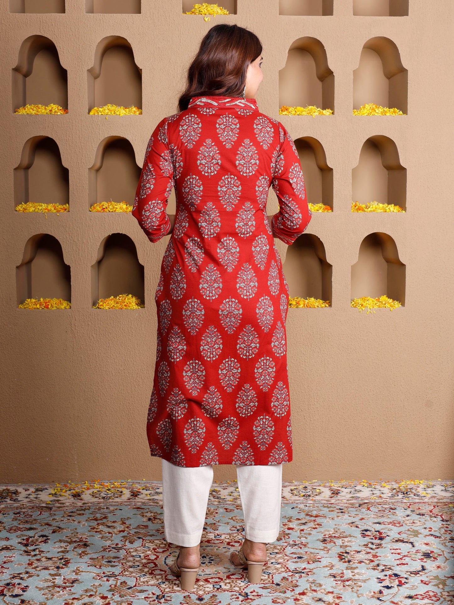 Embroidered Soft cotton Butta Straight Rust Kurta