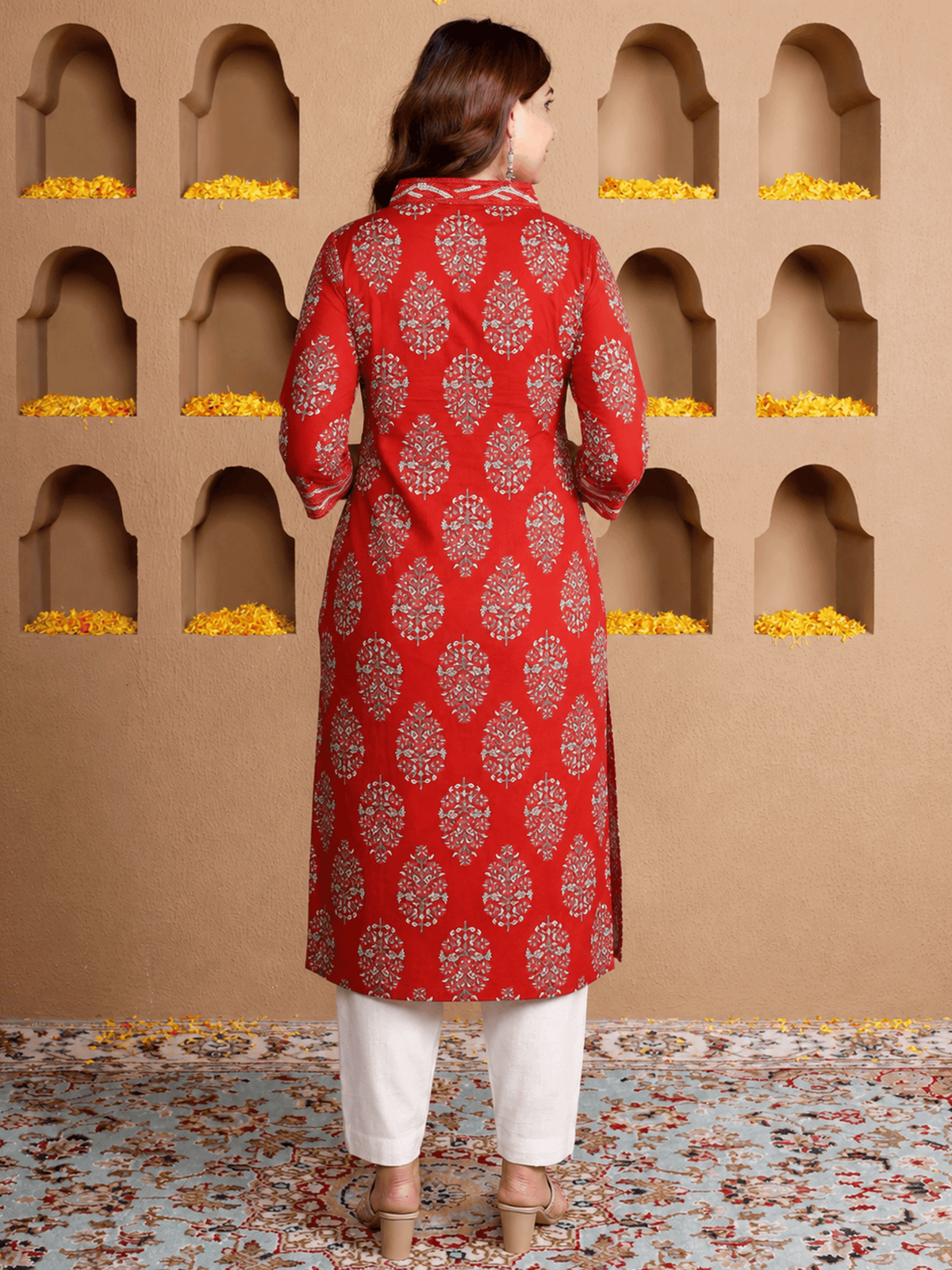 Embroidered Soft Cotton Butta Straight Rust Kurta