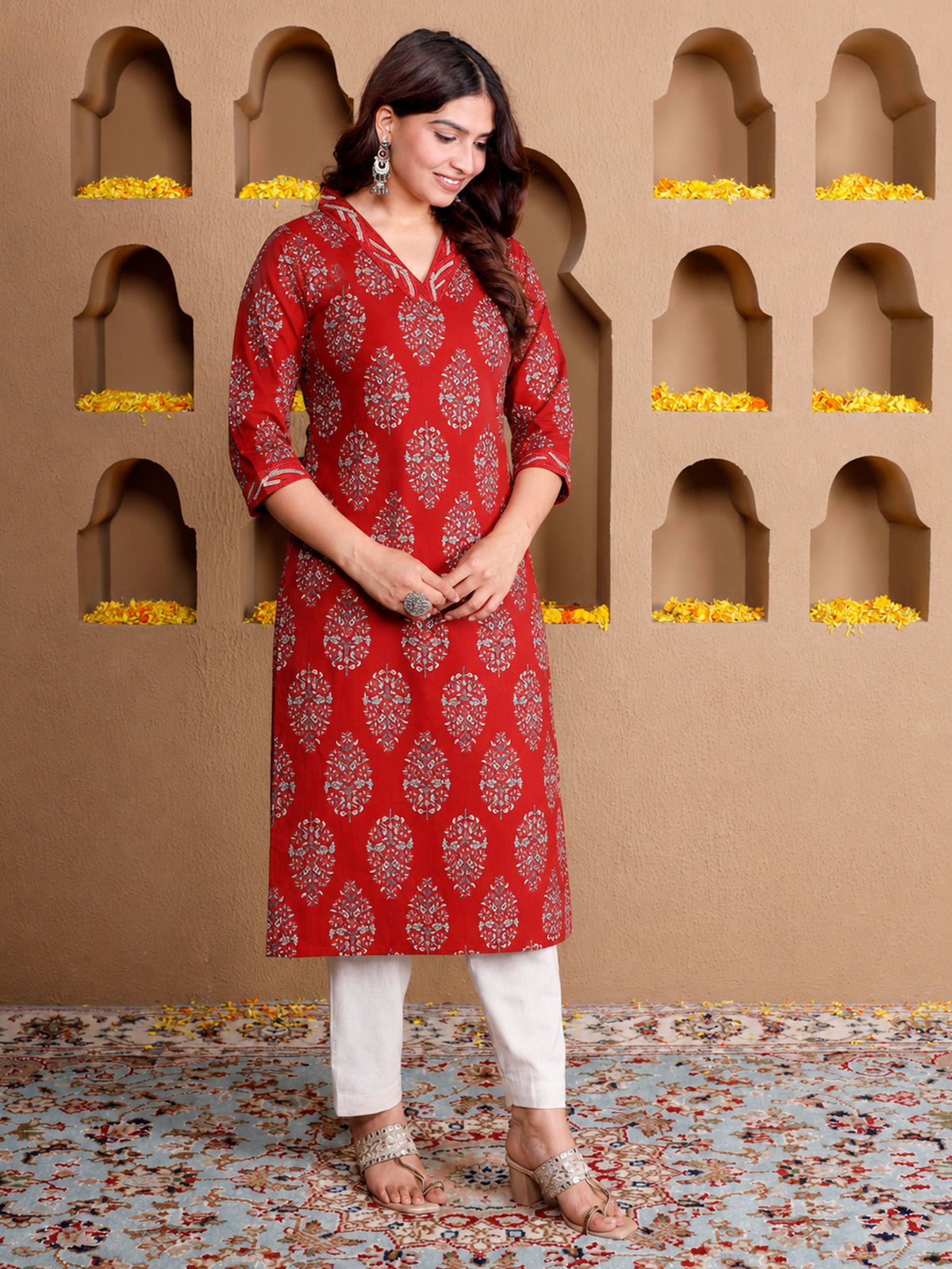 Embroidered Soft Cotton Butta Straight Rust Kurta