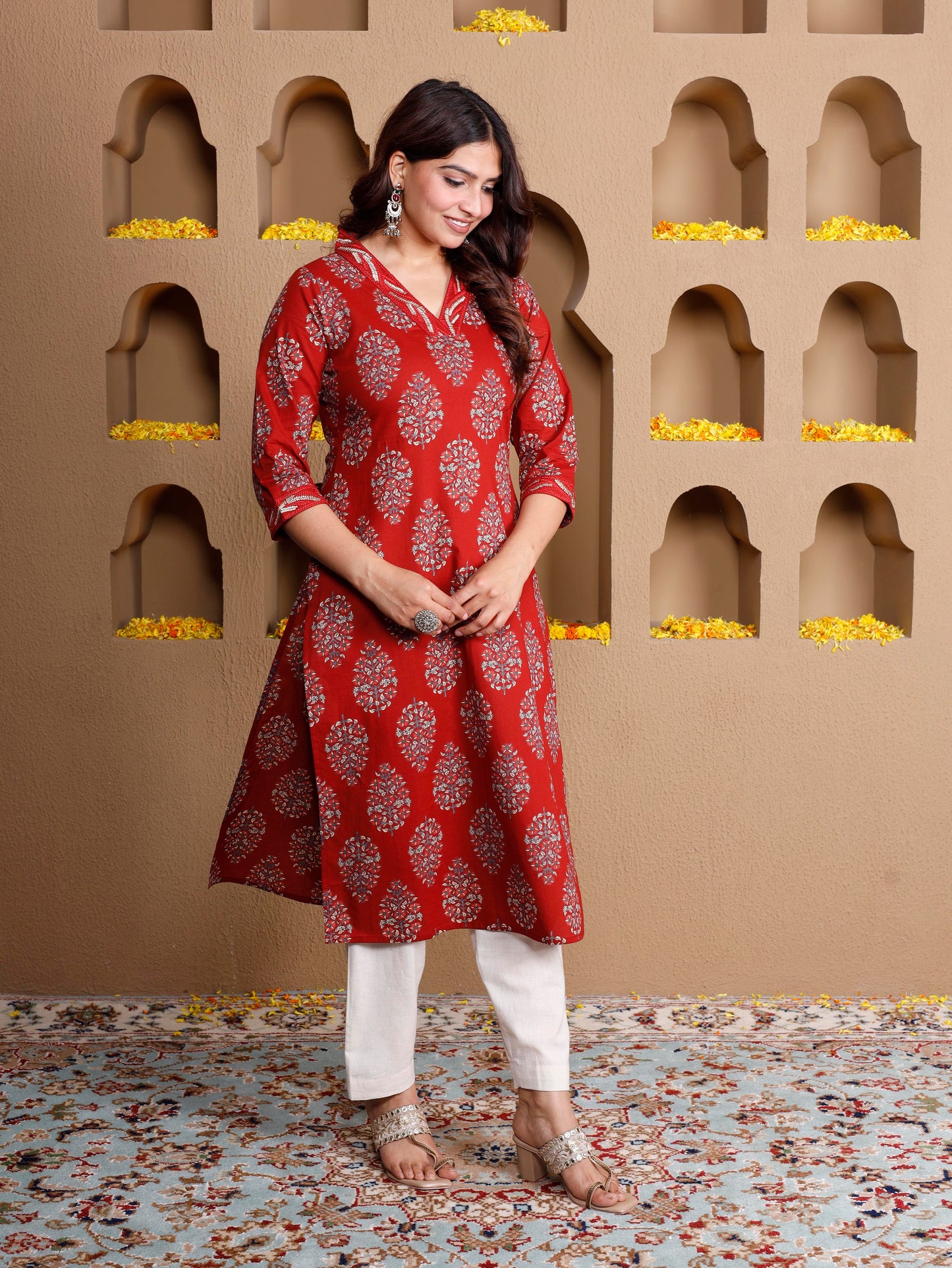 Embroidered Soft cotton Butta Straight Rust Kurta