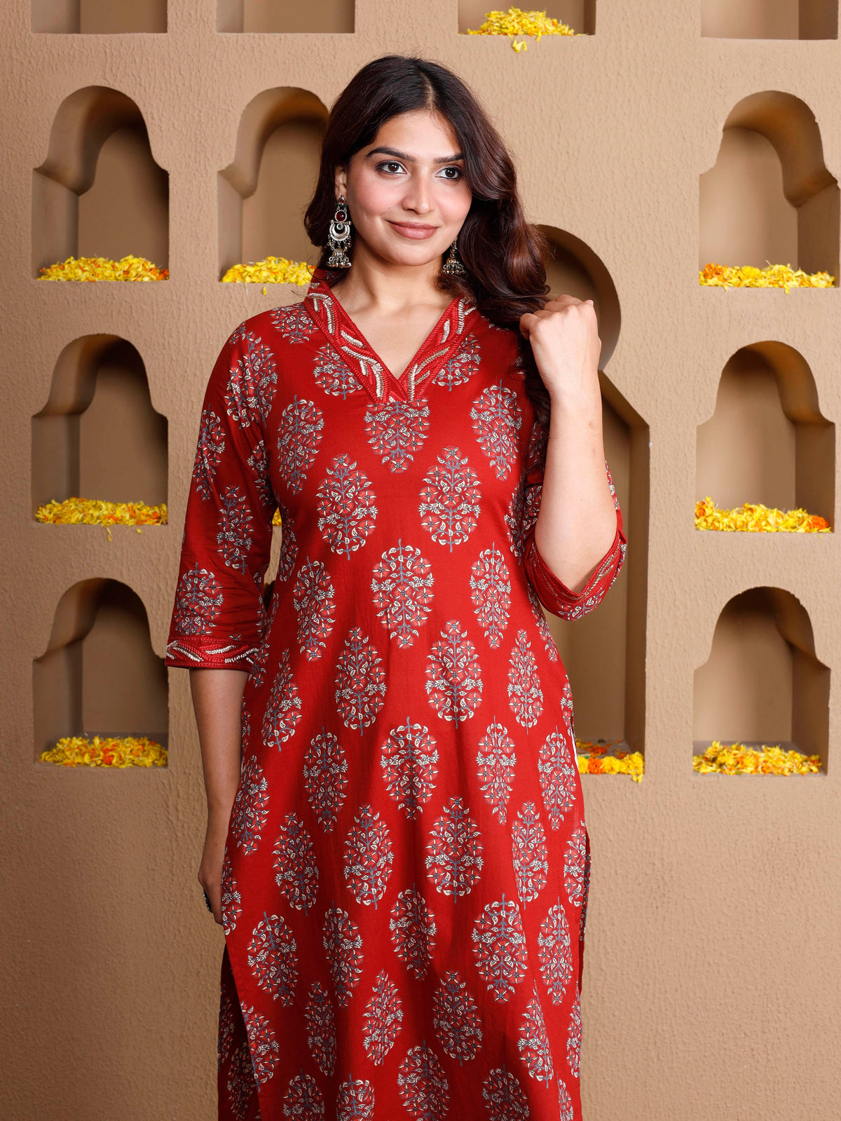 Embroidered Soft Cotton Butta Straight Rust Kurta