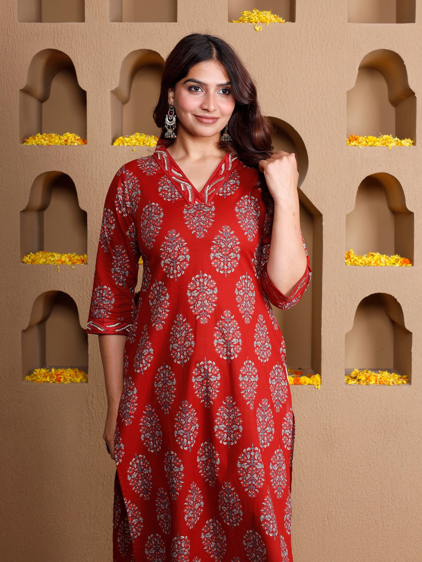 Embroidered Soft cotton Butta Straight Rust Kurta