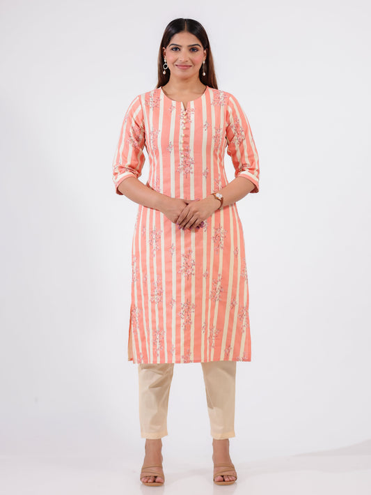 Linen Cotton Striped Straight Orange Kurta