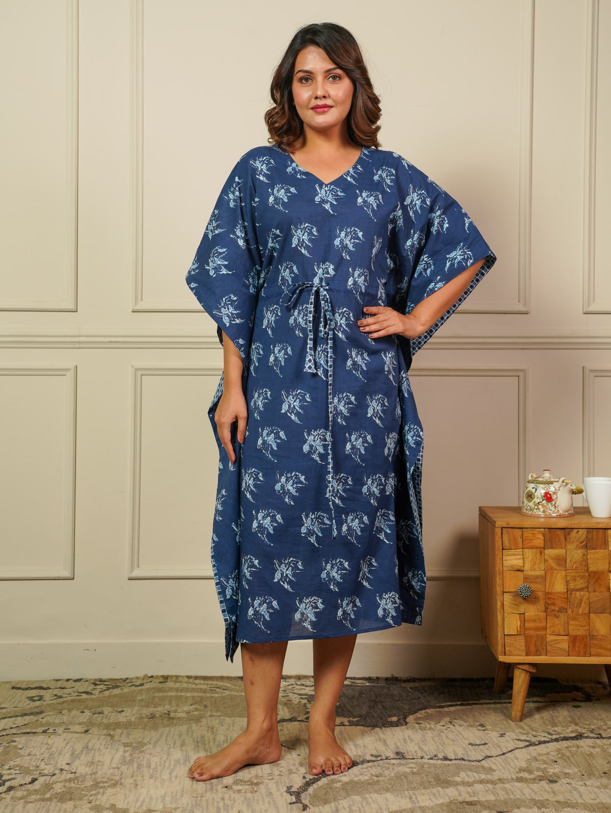 Soft Cotton Floral Kaftan Blue Kurta