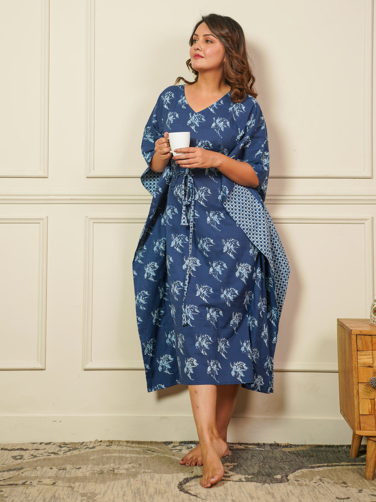 Soft Cotton Floral Kaftan Blue Kurta