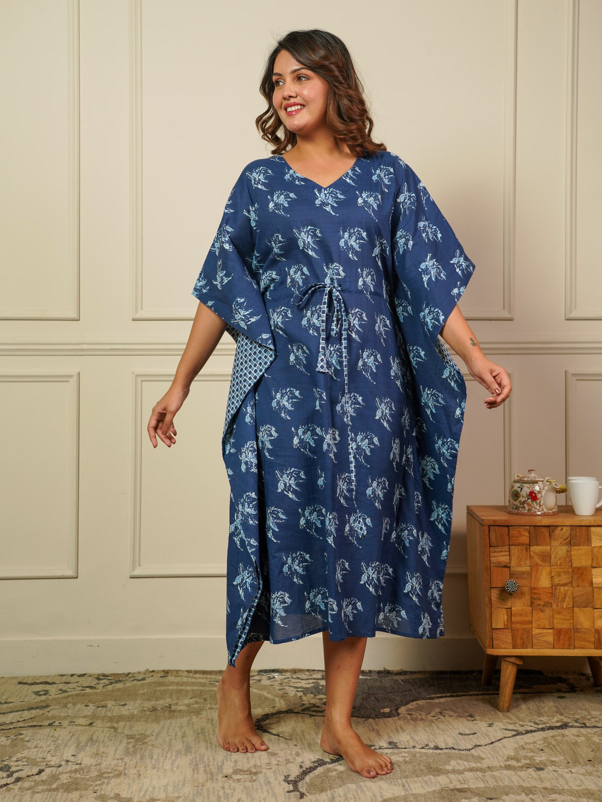 Soft Cotton Floral Kaftan Blue Kurta