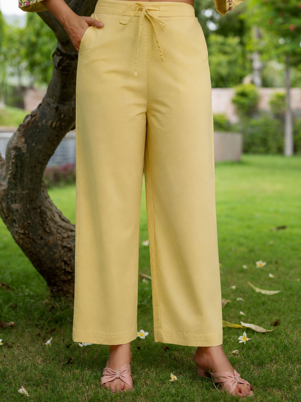 Soft Cotton Solid Yellow Straight Trousers