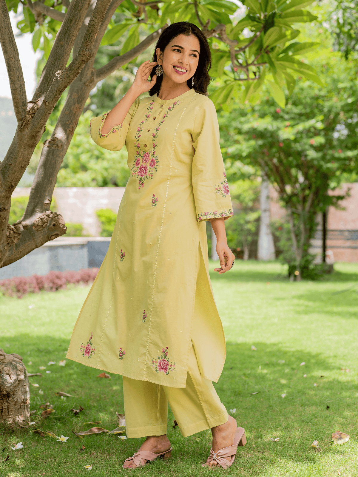 Embroidered Soft Cotton Solid Straight Yellow Kurta