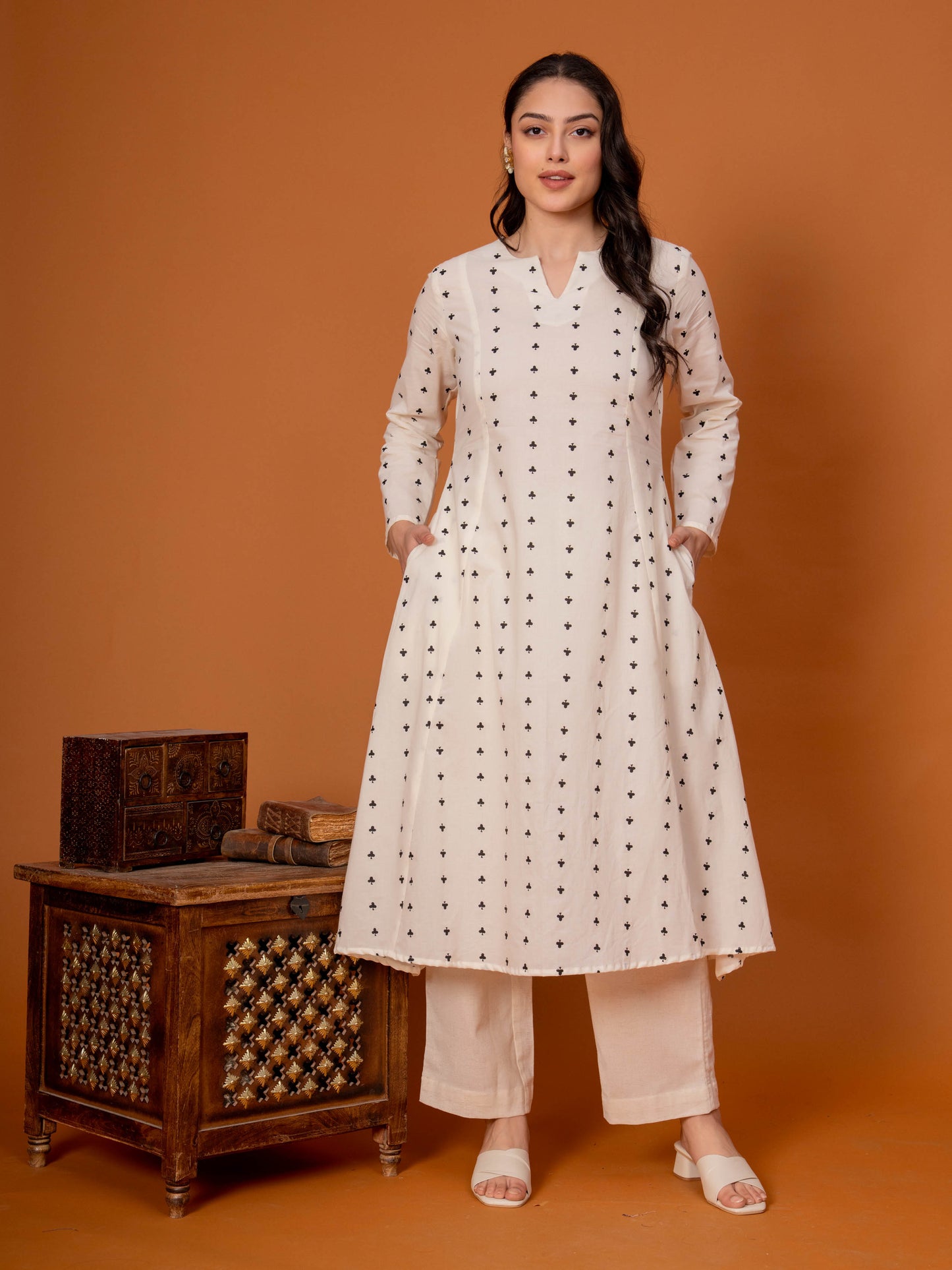 Soft Cotton Butta A-line Off White Kurta