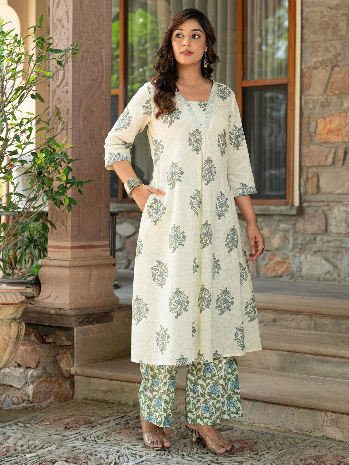 Embroidered Soft Cotton Butta A-Line Off White Kurta