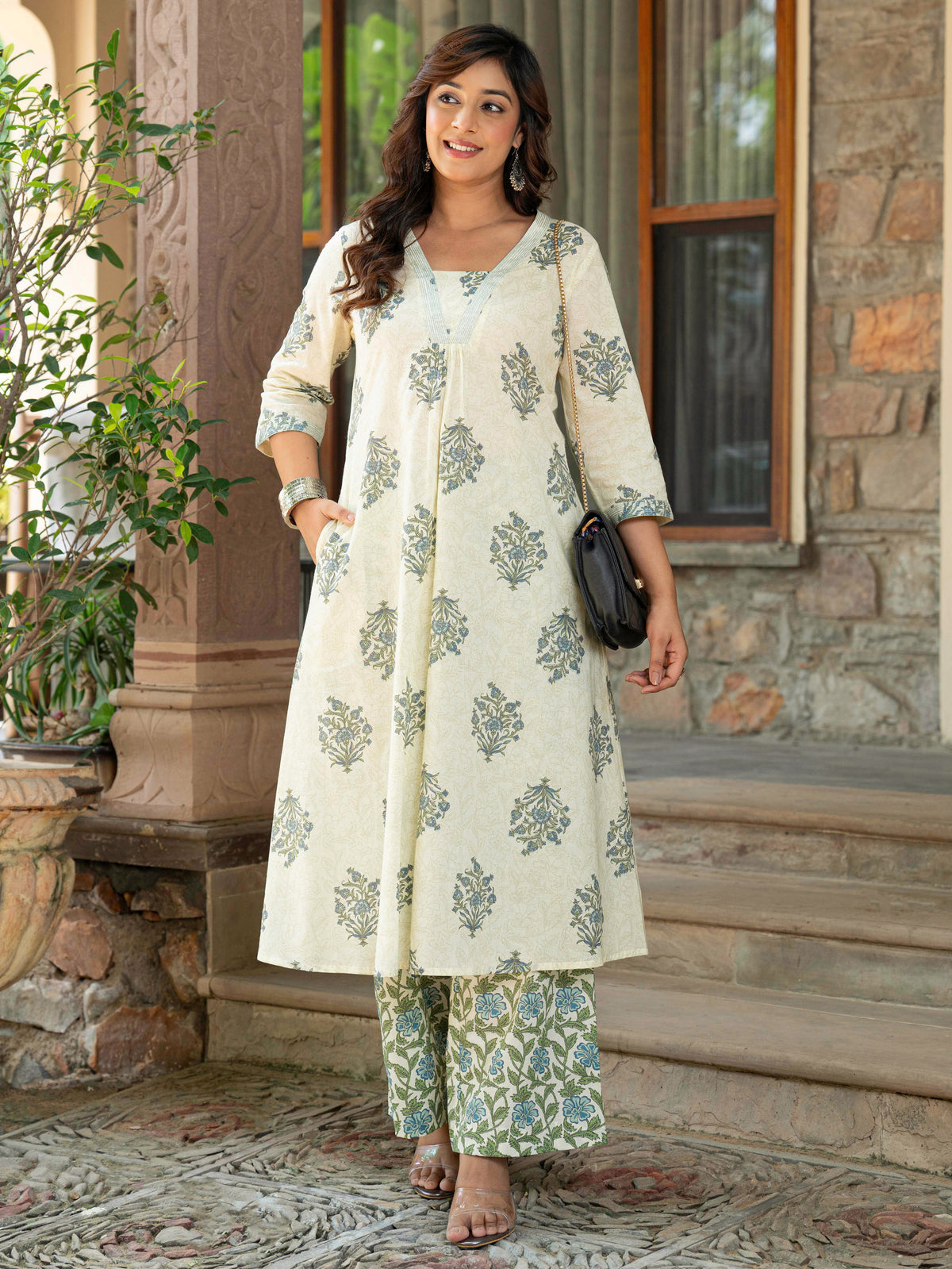 Embroidered Soft Cotton Butta A-Line Off White Kurta