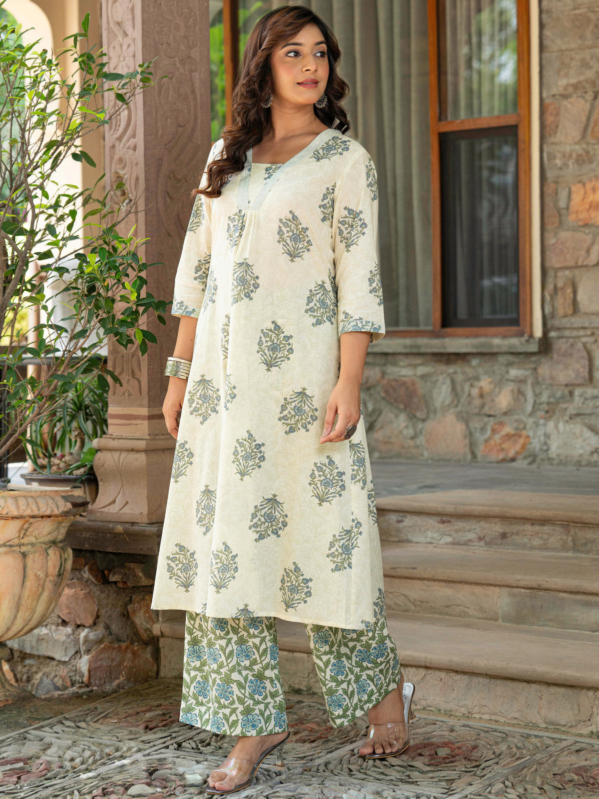 Embroidered Soft Cotton Butta A-Line Off White Kurta