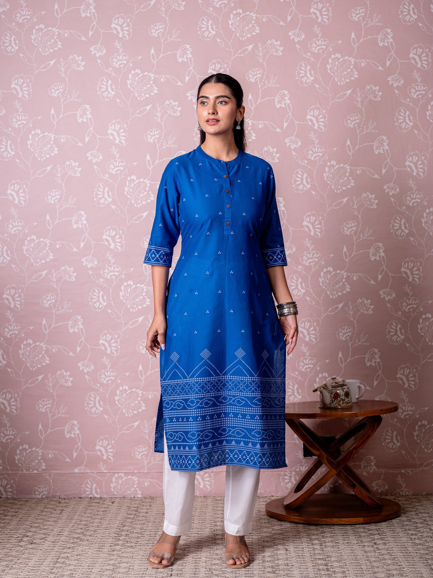 Soft cotton Geometric Straight Blue Kurta