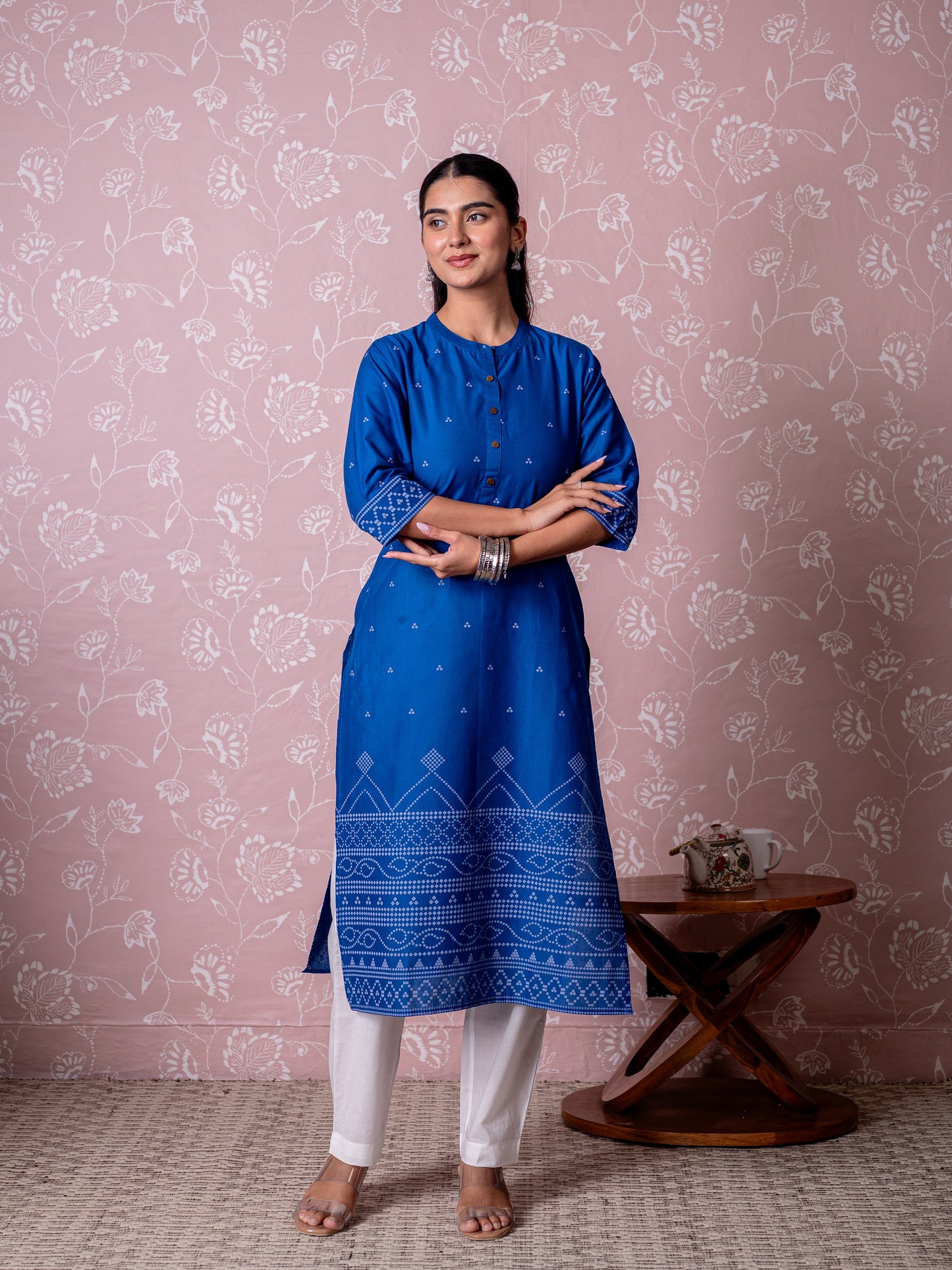 Soft cotton Geometric Straight Blue Kurta