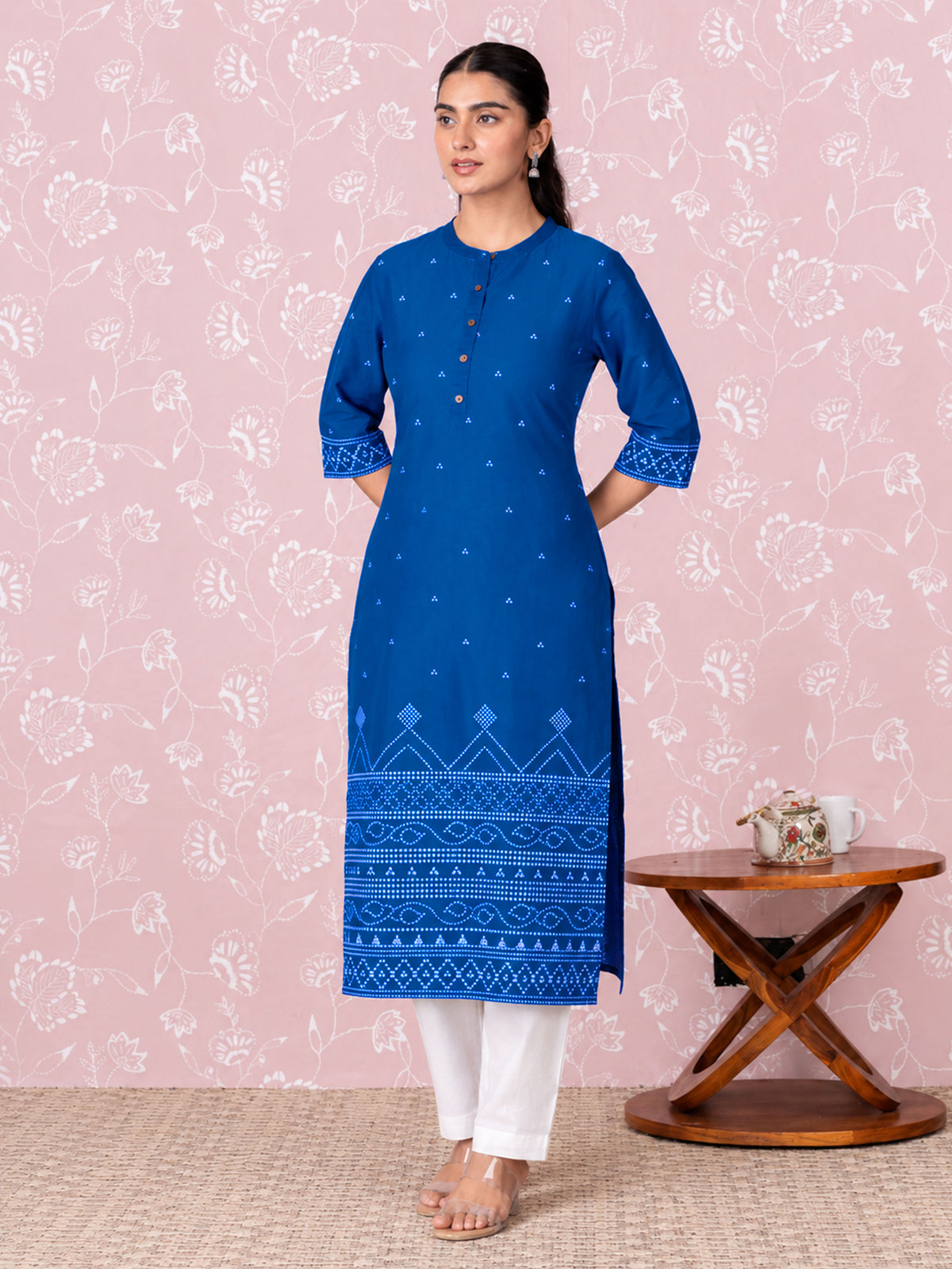 Soft Cotton Geometric Straight Blue Kurta
