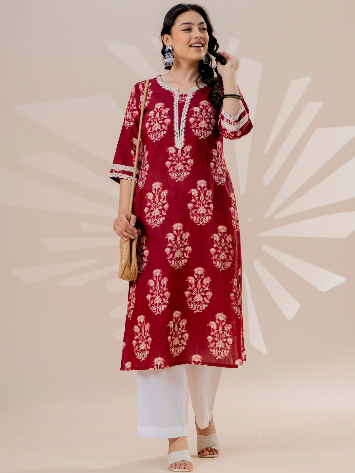 Soft cotton Floral Straight Maroon Kurta