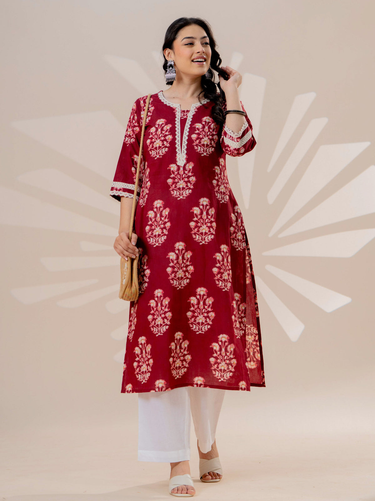 Soft cotton Floral Straight Maroon Kurta