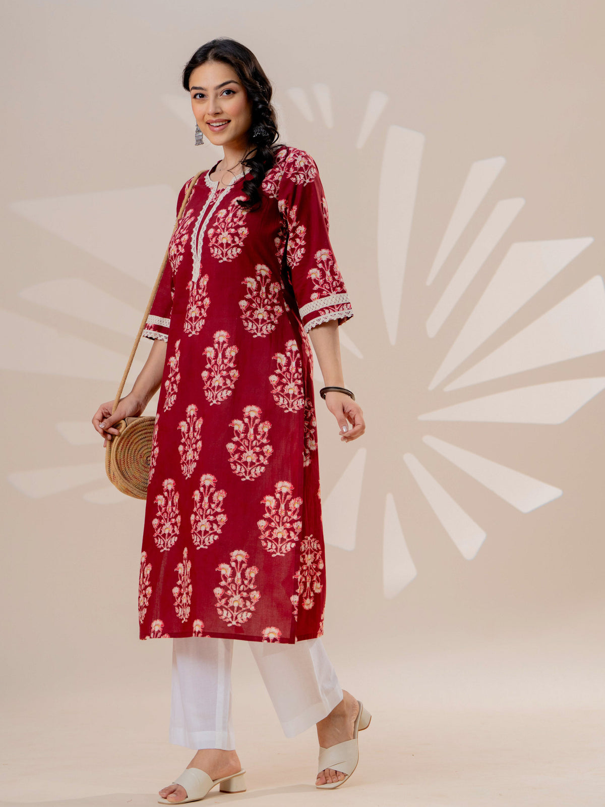 Soft cotton Floral Straight Maroon Kurta