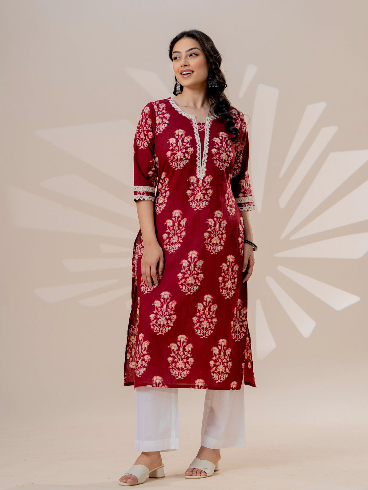 Soft cotton Floral Straight Maroon Kurta