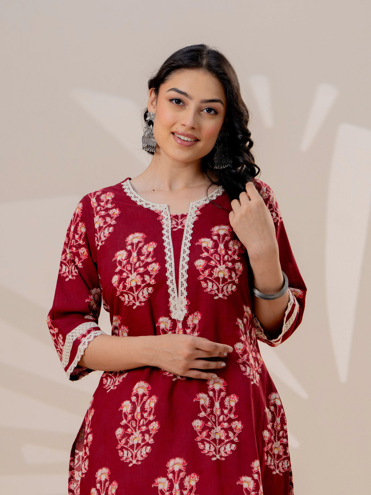 Soft cotton Floral Straight Maroon Kurta
