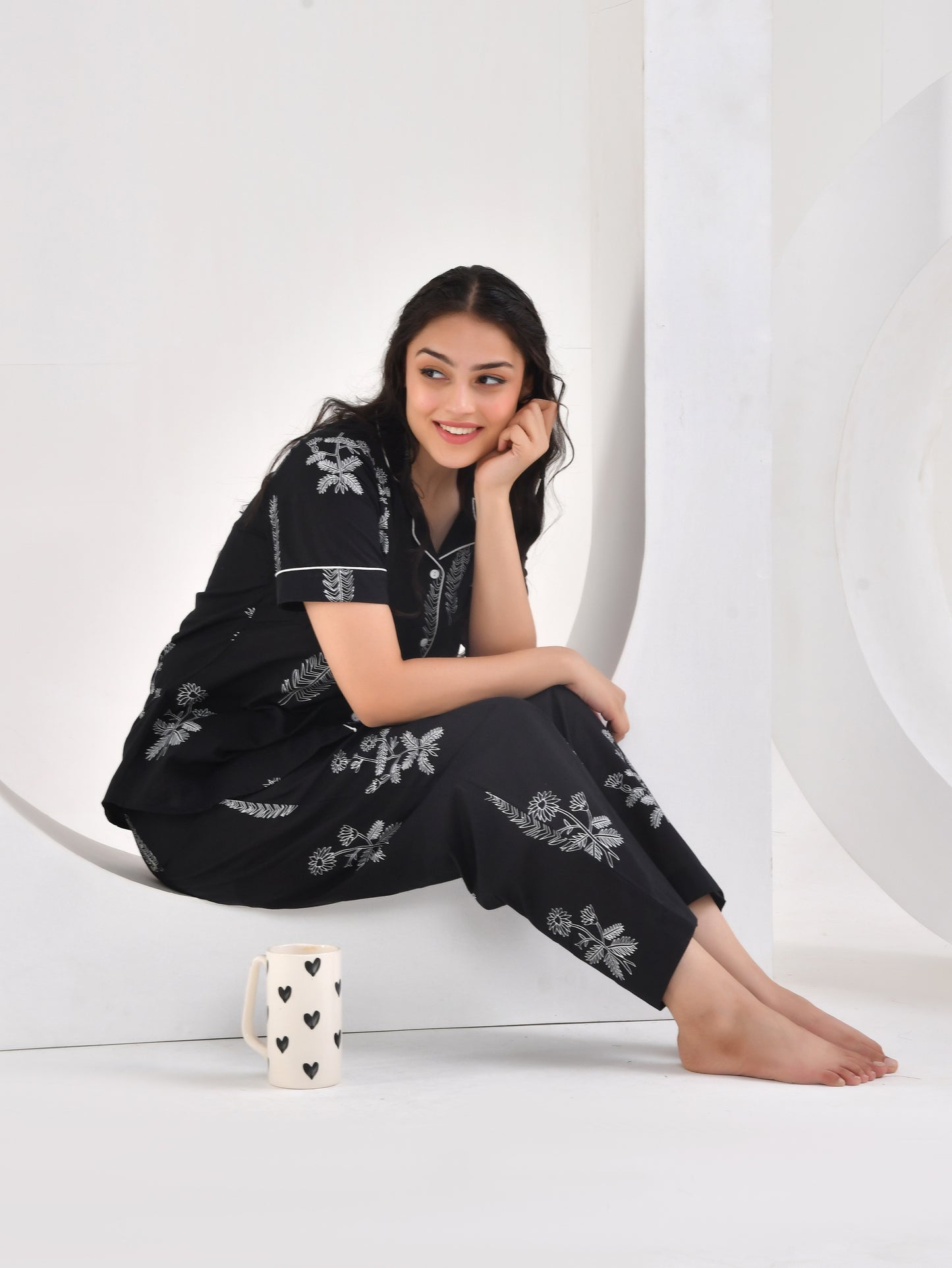 Soft cotton Floral Top Black Nightsuit