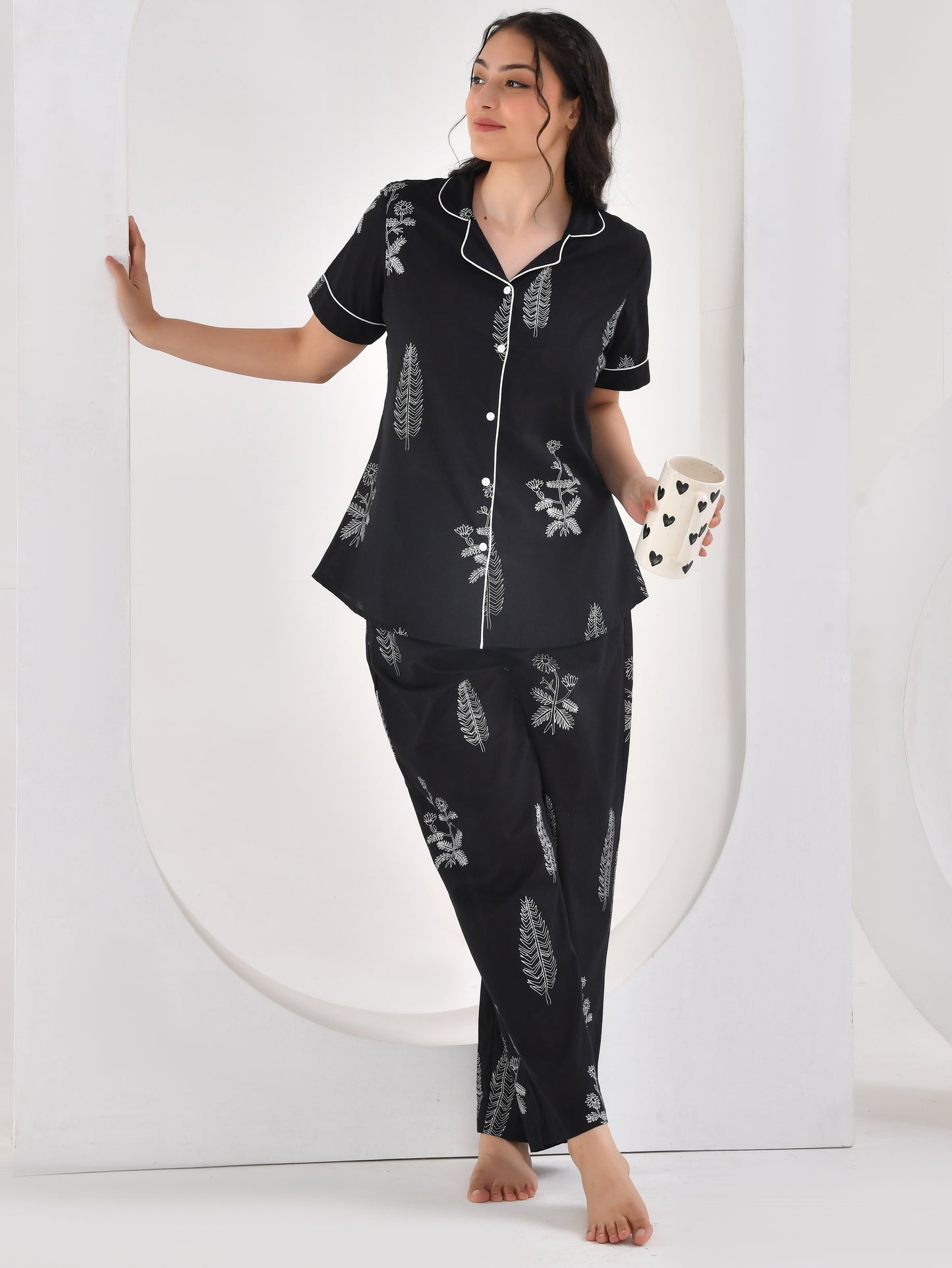 Soft cotton Floral Top Black Nightsuit