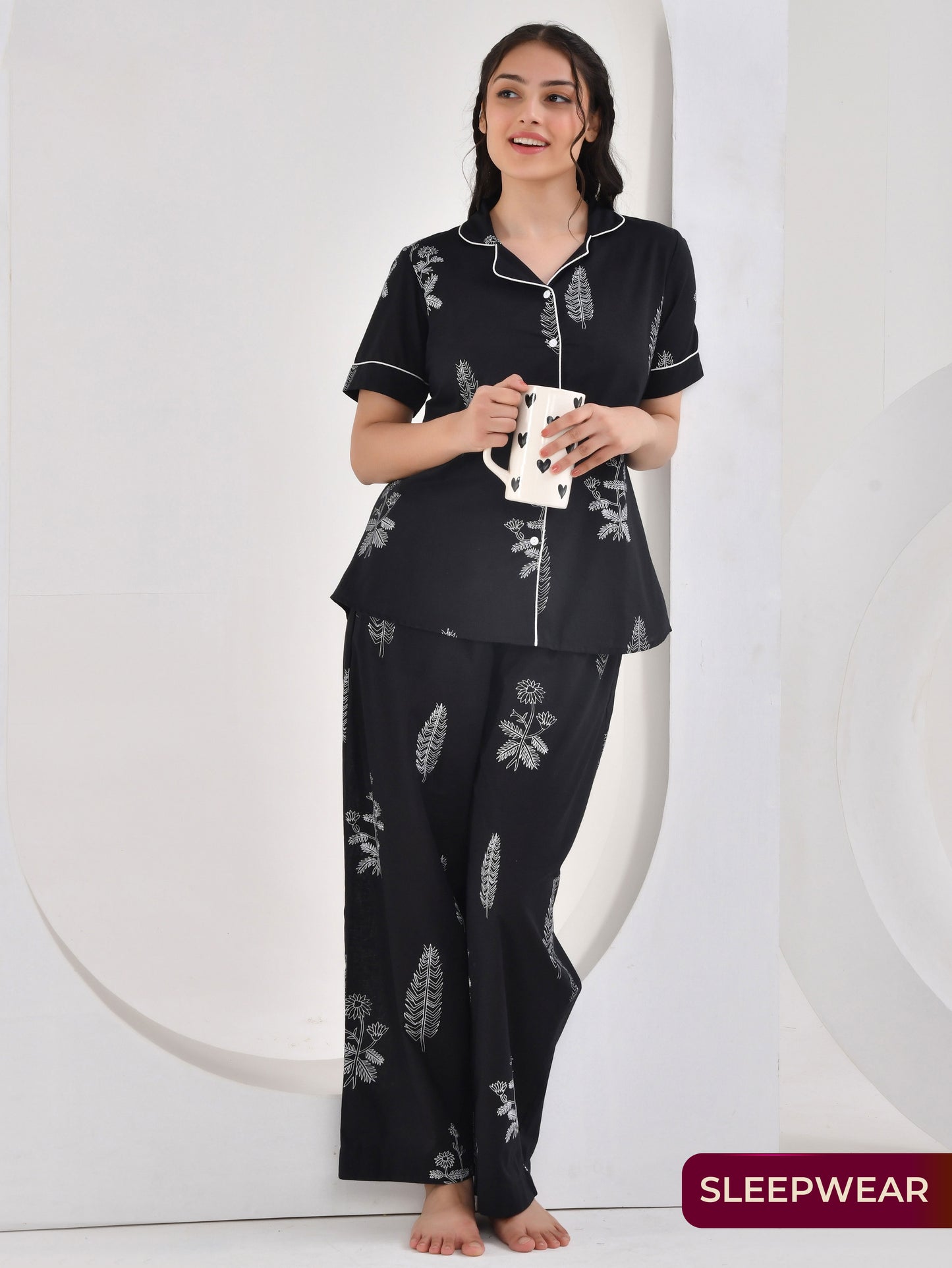 Soft cotton Floral Top Black Nightsuit