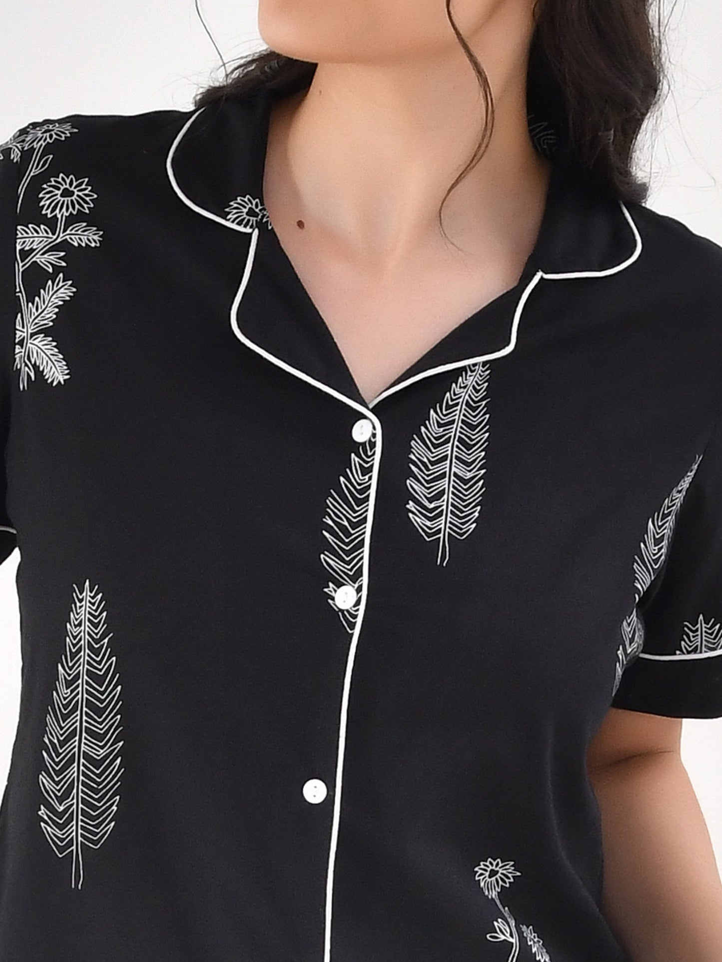 Soft cotton Floral Top Black Nightsuit