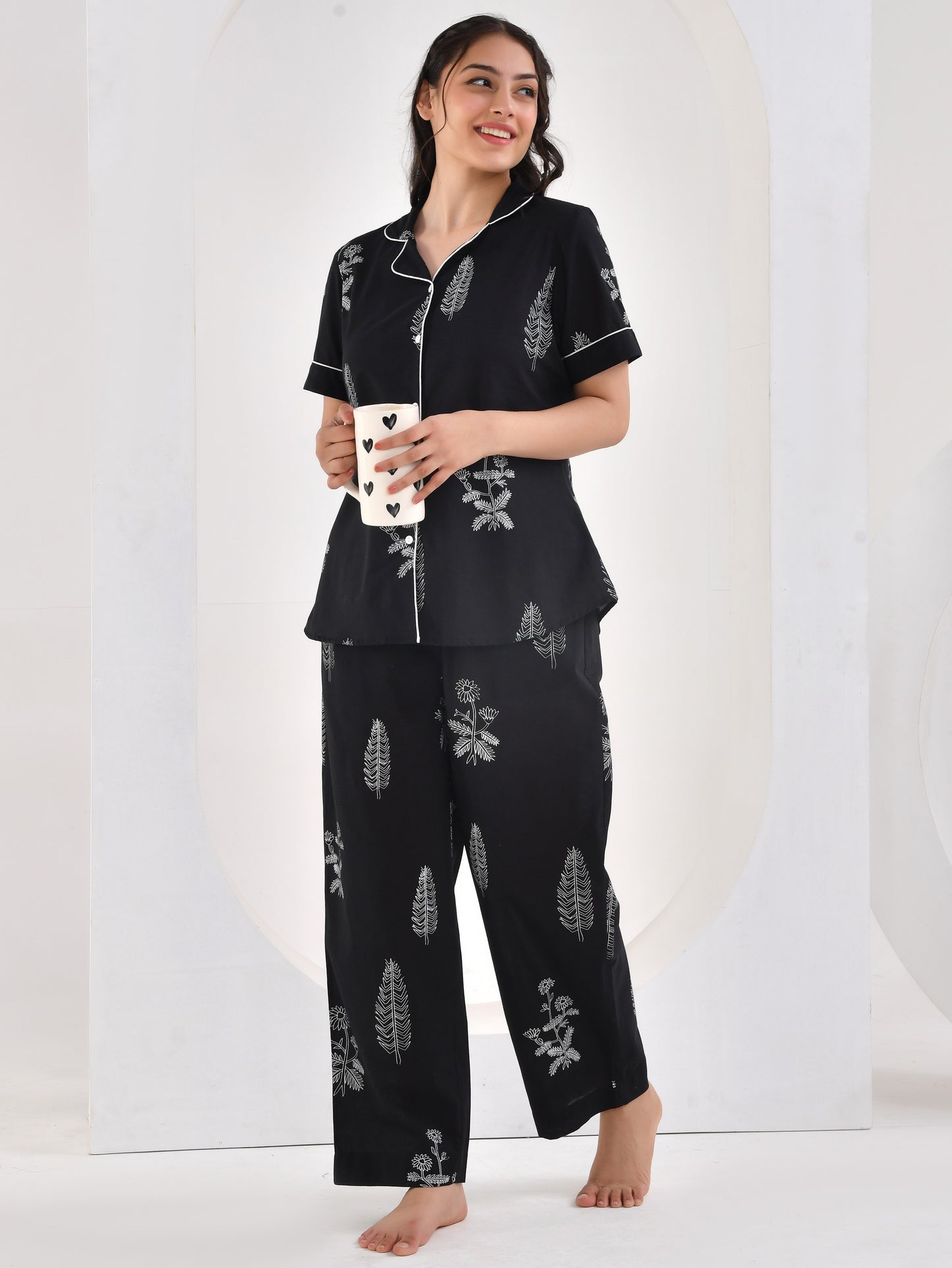 Soft cotton Floral Top Black Nightsuit