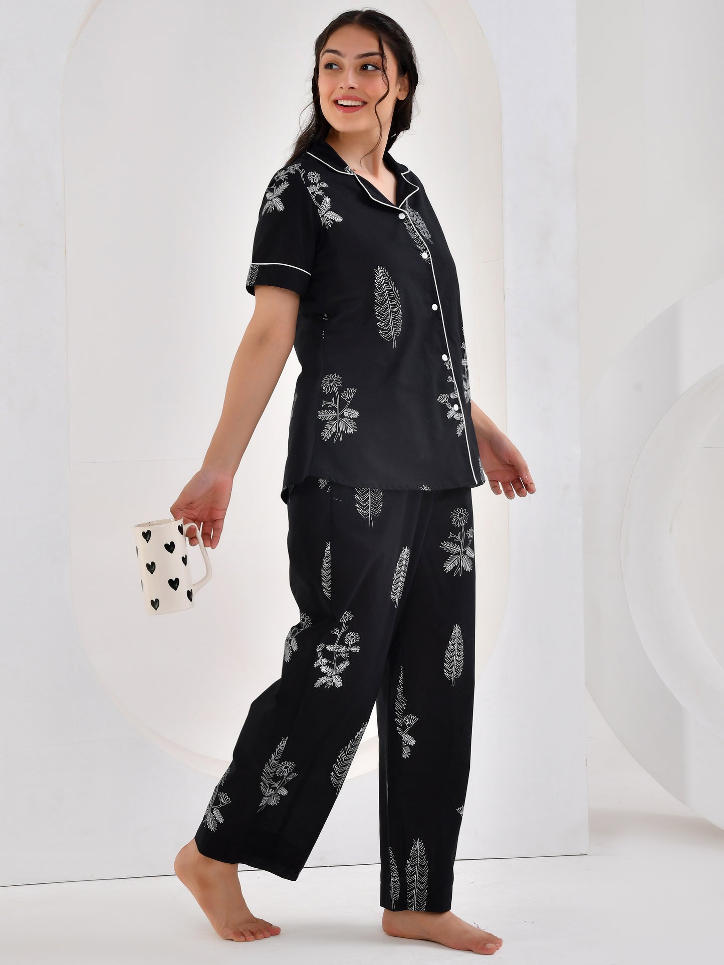 Soft cotton Floral Top Black Nightsuit