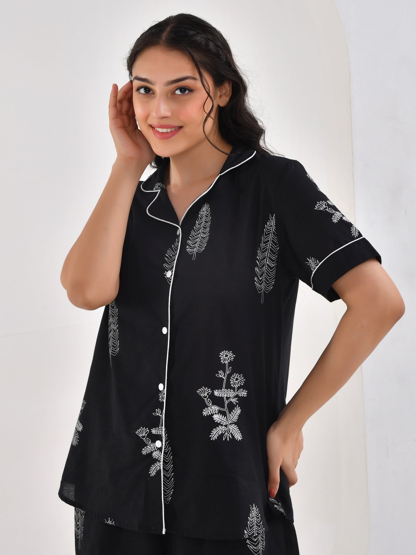 Soft cotton Floral Top Black Nightsuit