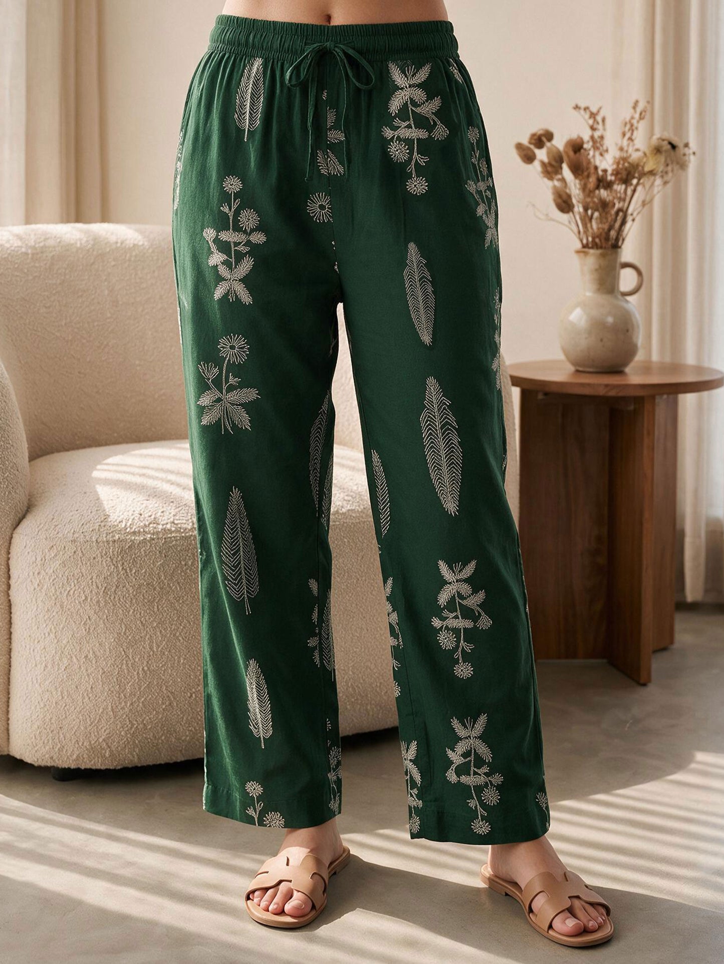 Soft Cotton Floral Green Straight Trousers