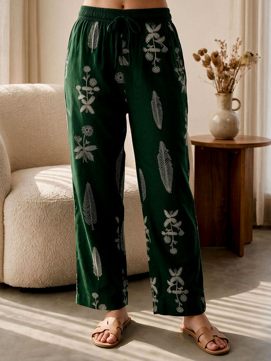 Soft Cotton Floral Green Straight Trousers