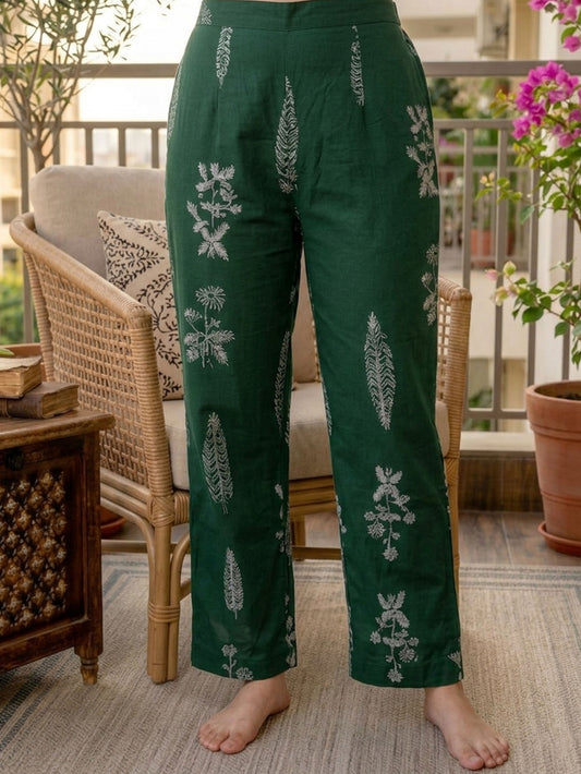 Soft Cotton Floral Green Straight Trousers