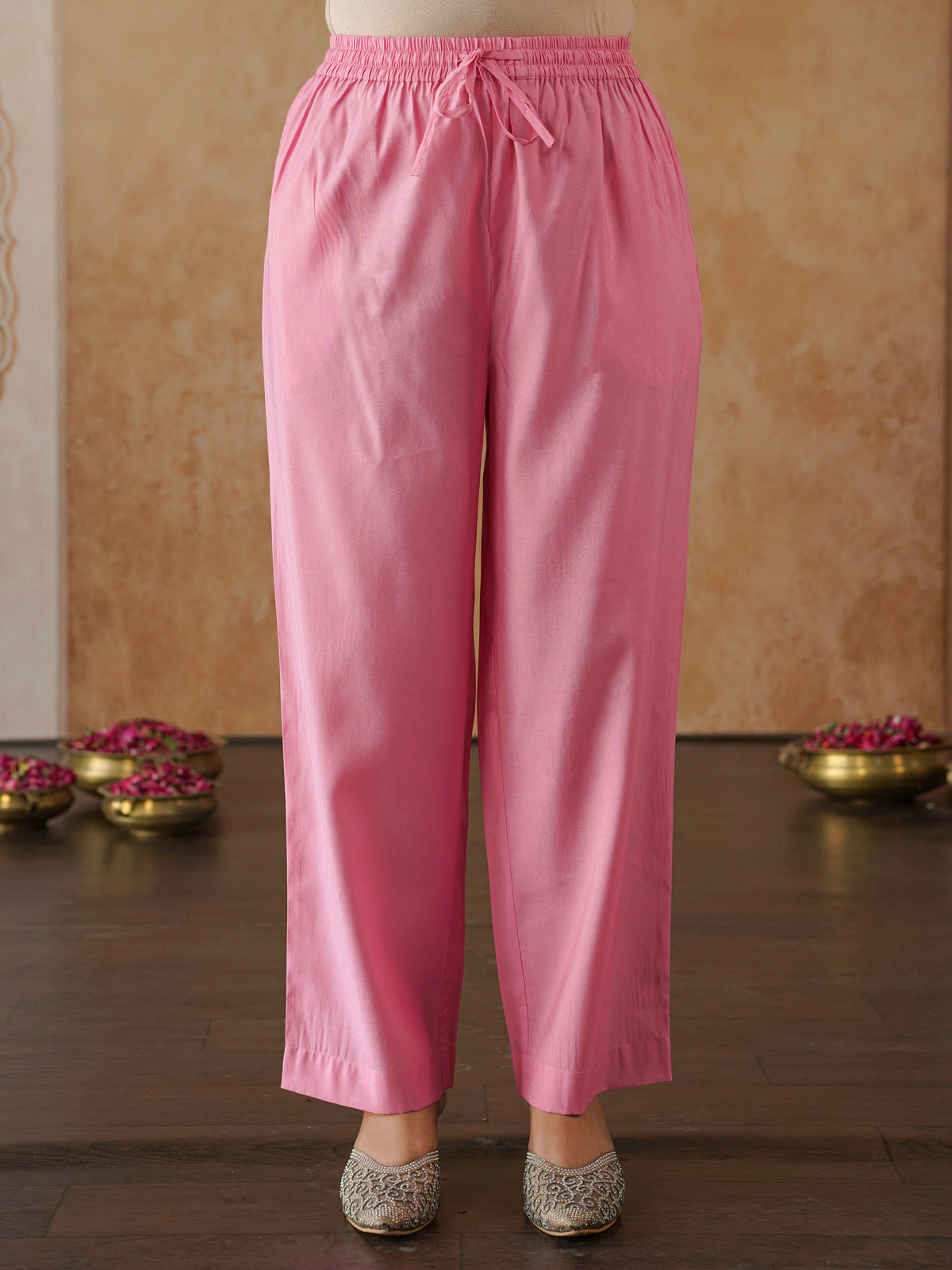 chanderi solid pink straight trousers