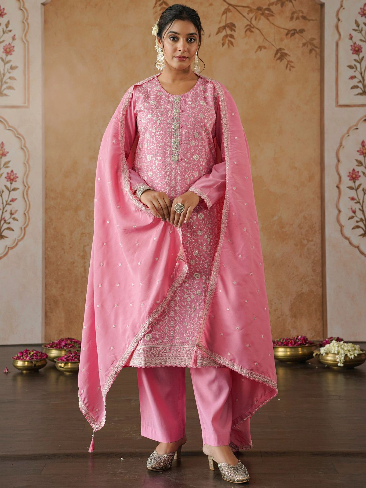 Embroidered blended silk solid pink dupatta