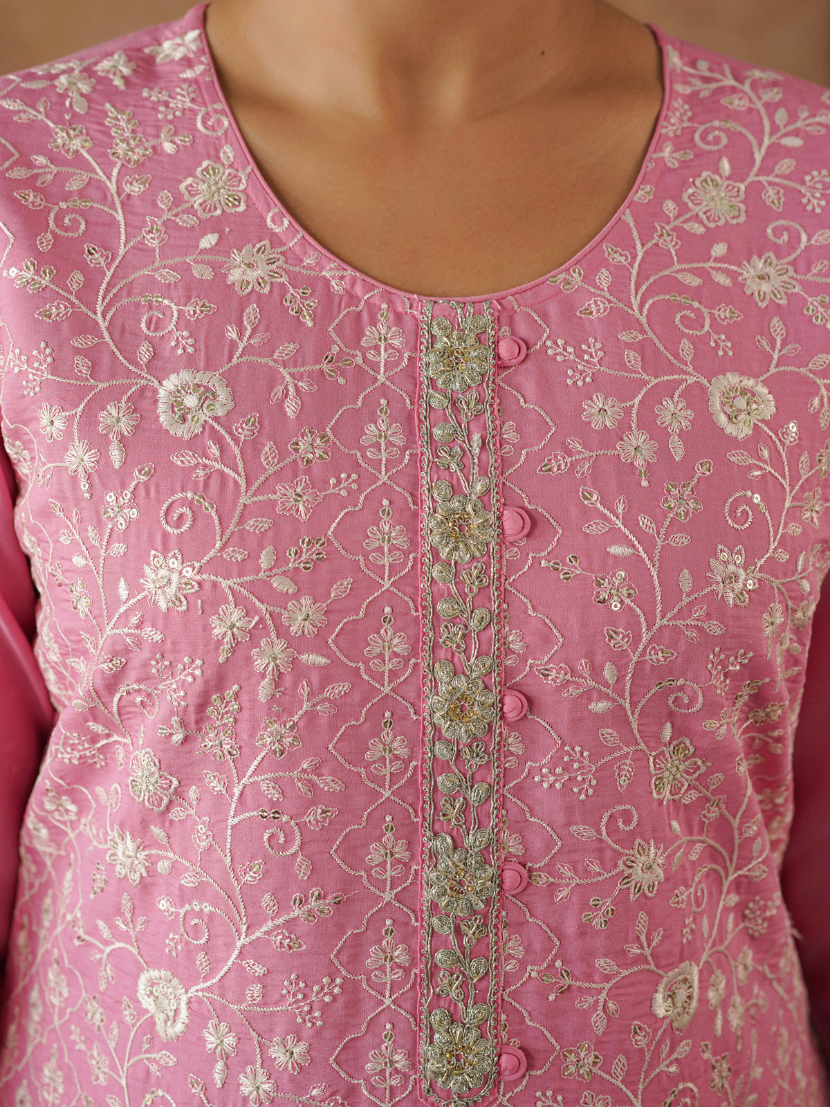 Embroidered chanderi solid straight pink kurta