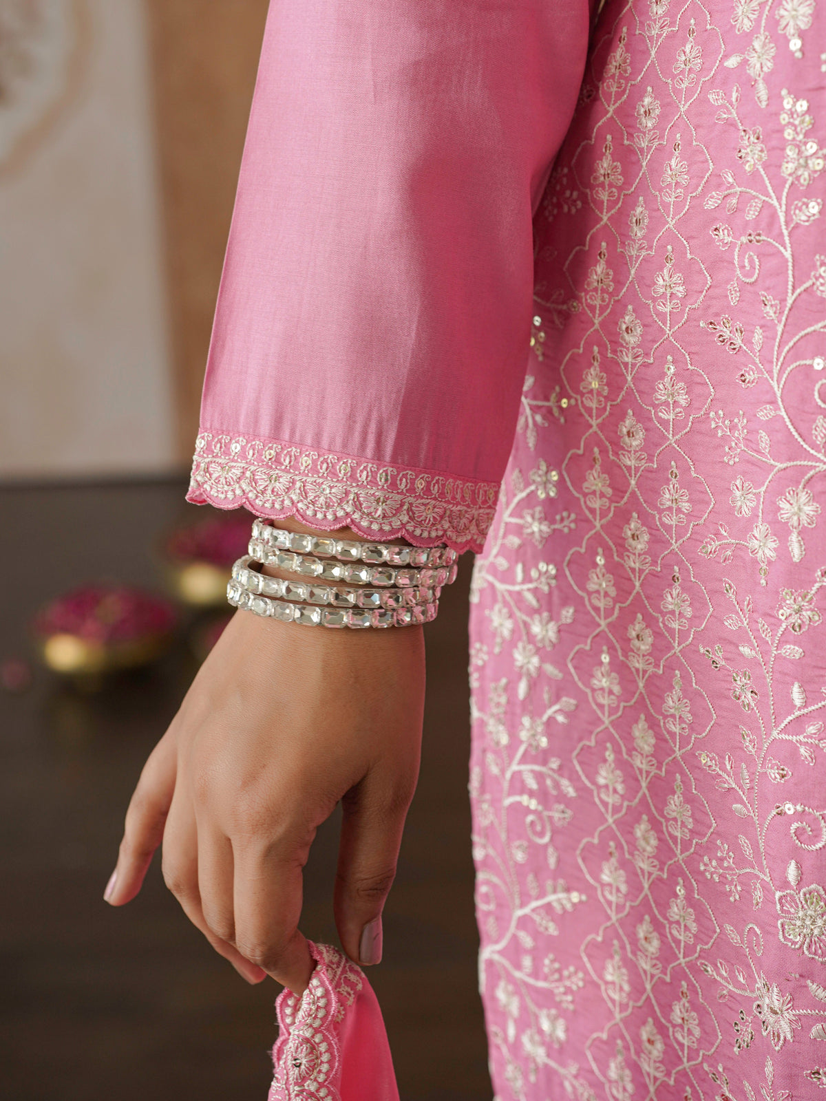 Embroidered chanderi solid straight pink kurta