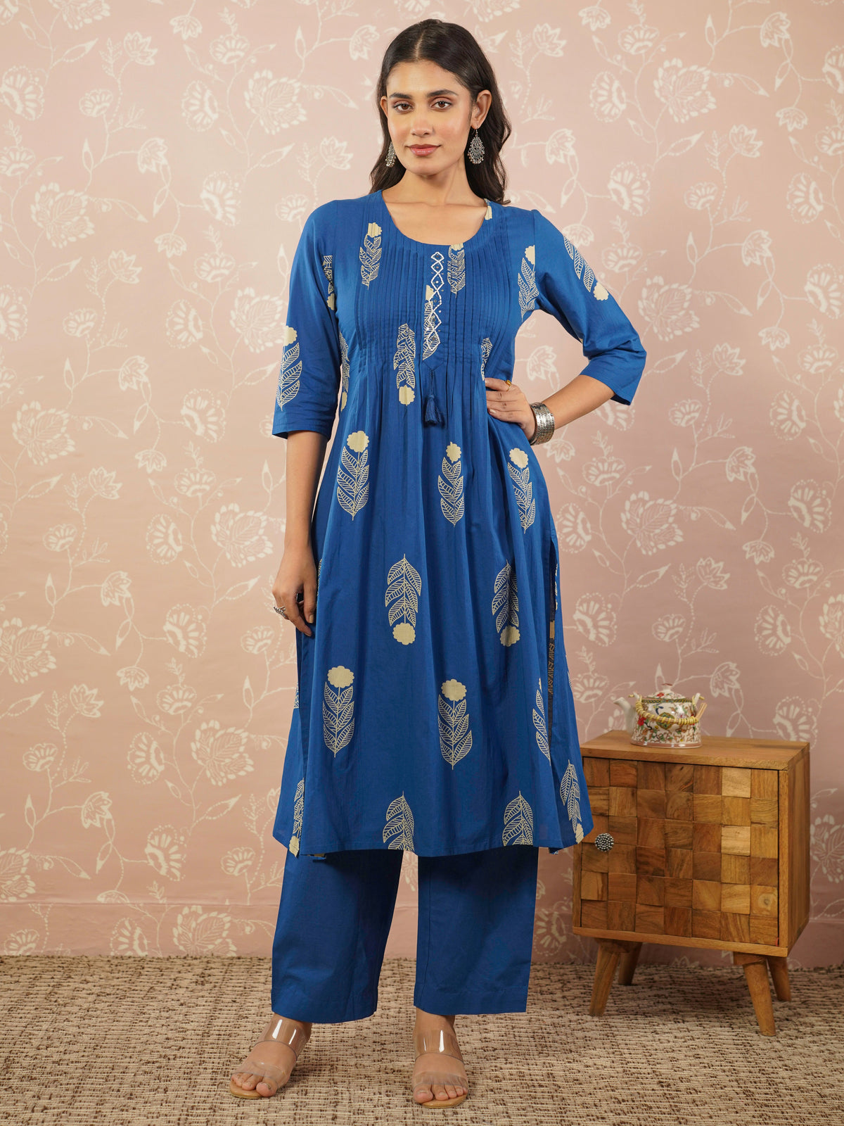Embroidered soft cotton butta blue kurta