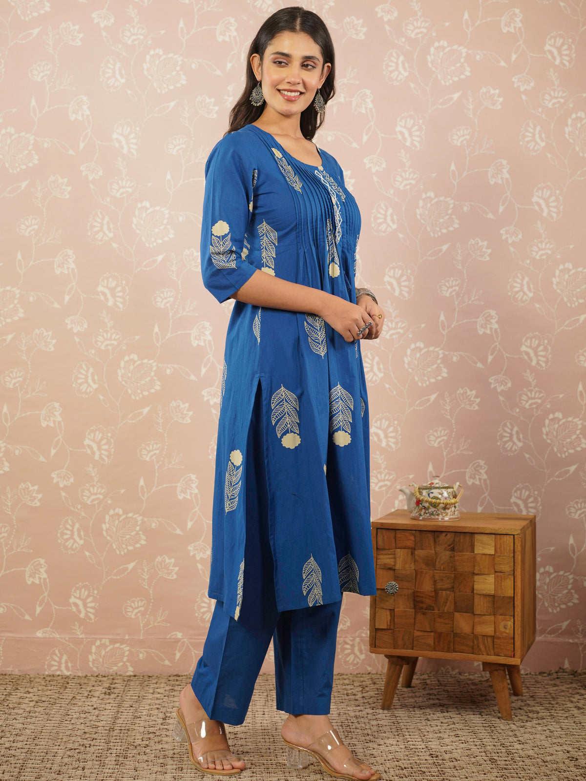 Embroidered soft cotton butta blue kurta