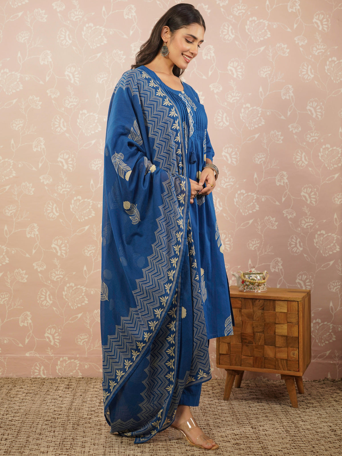 Embroidered soft cotton butta blue kurta